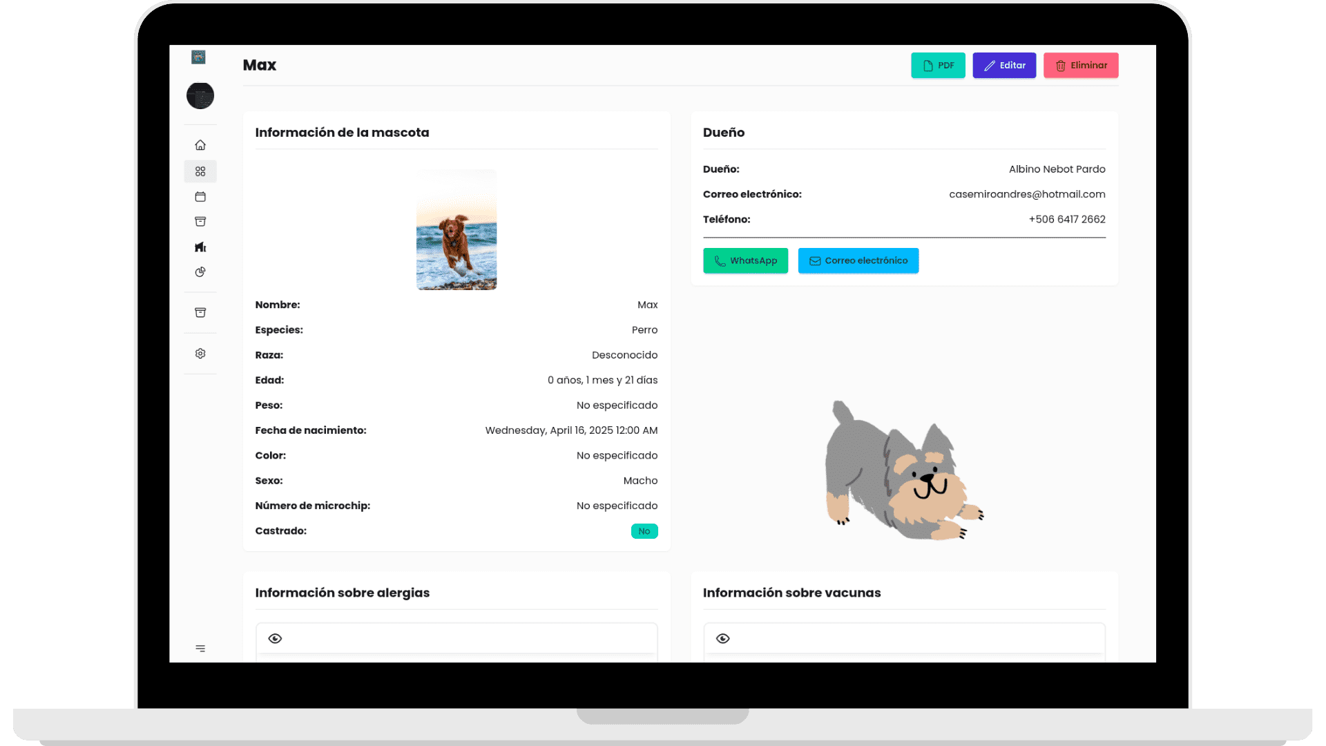 Ficha de expediente médico de mascota en Mi Vete App