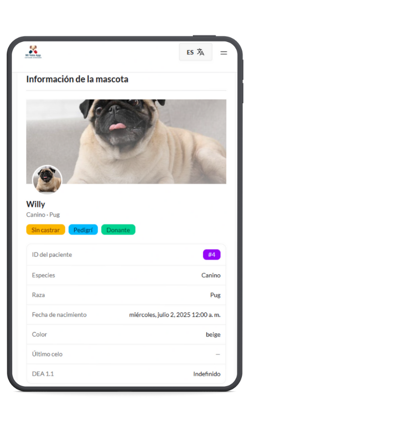 Ficha del paciente con datos clínicos y tutor en Mi Vete App